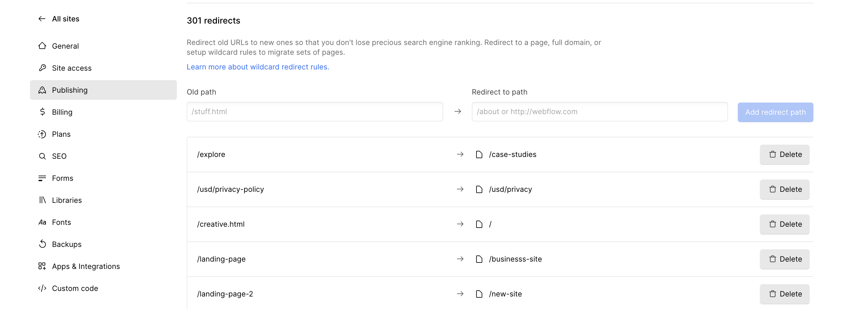 picture showing how to add redirects on Webflow