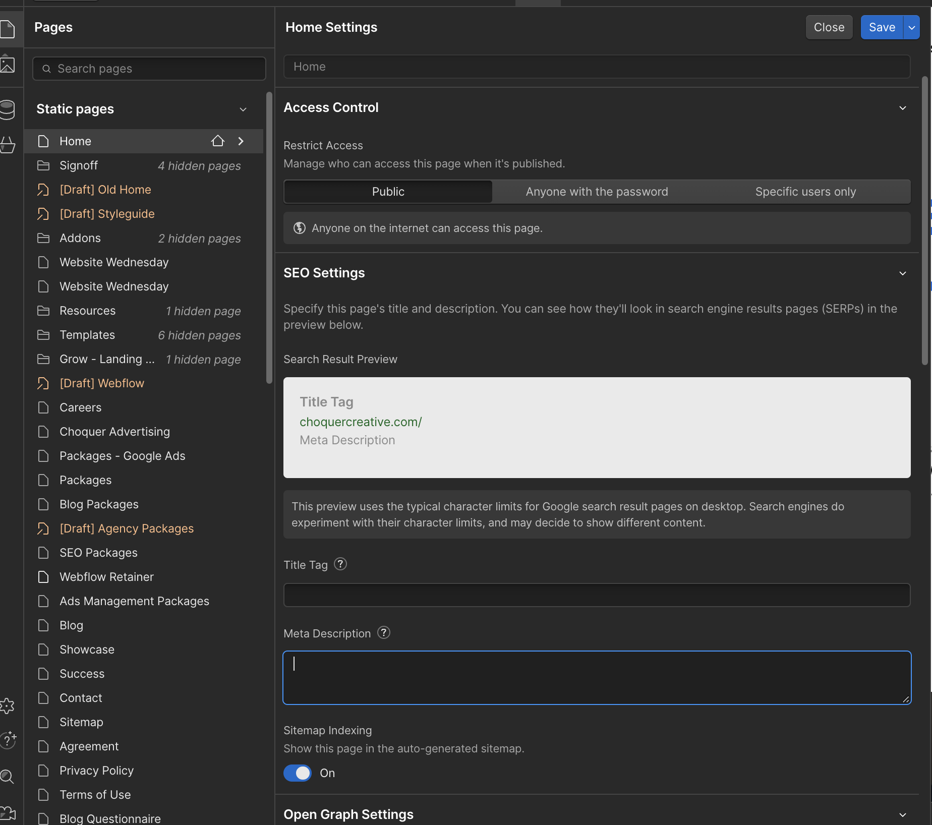 Webflow interface settings for adding meta tags