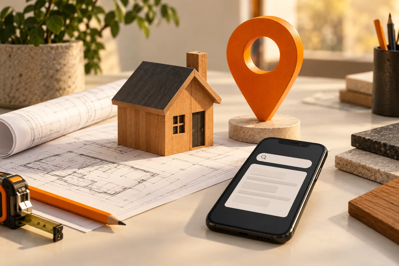 Conceptual house model, architectural plans and orange location pin representing contractor search visibility