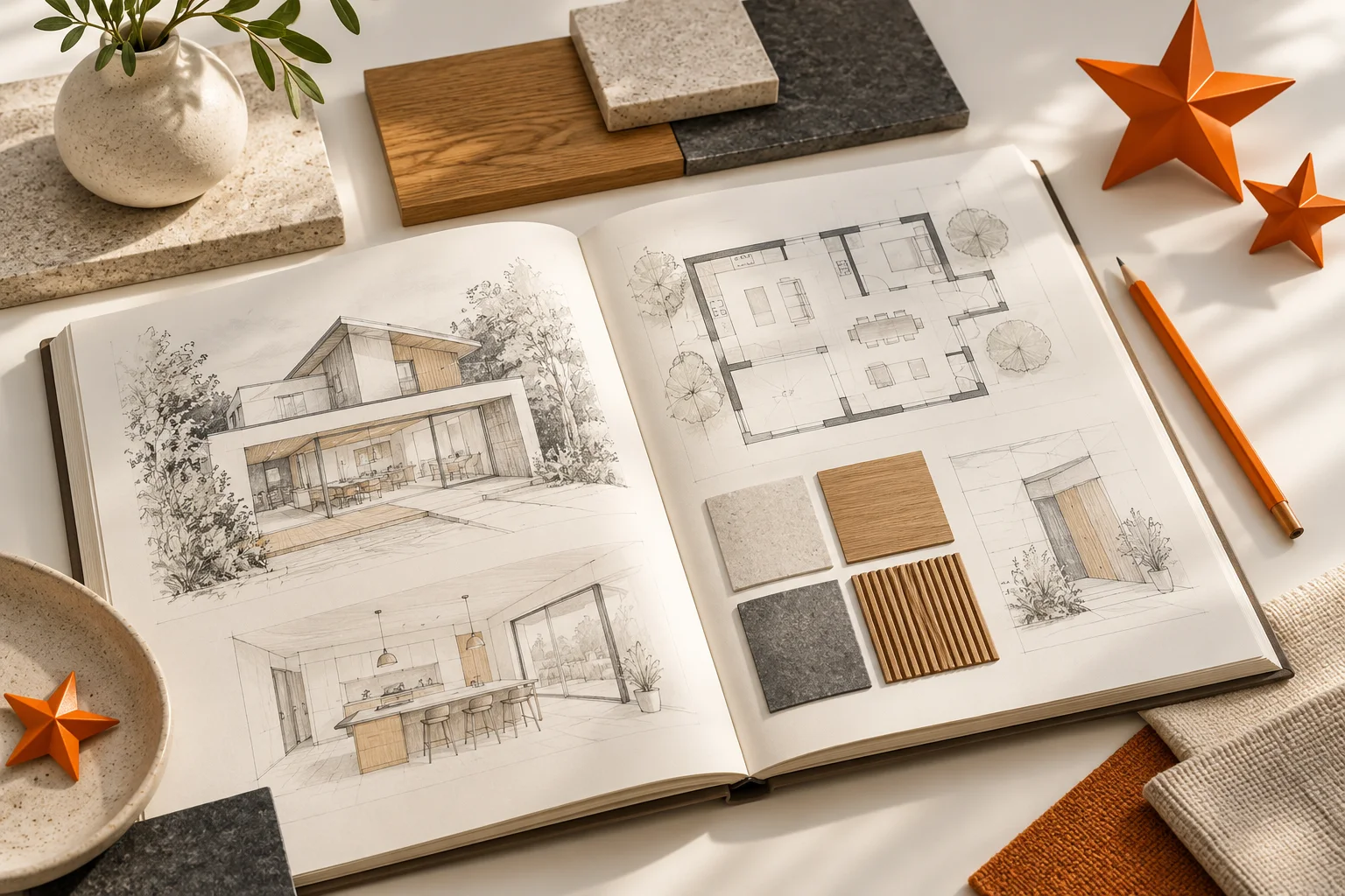 Conceptual architectural portfolio, wood material samples and orange stars representing project evidence and customer trust