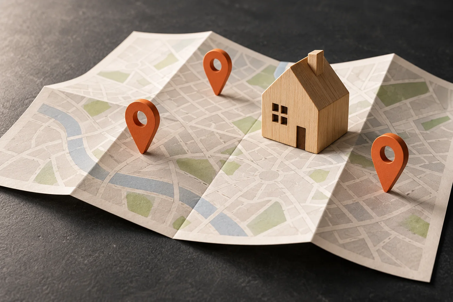 Conceptual folded street map with orange location pins and a wood house model illustrating genuine contractor service areas