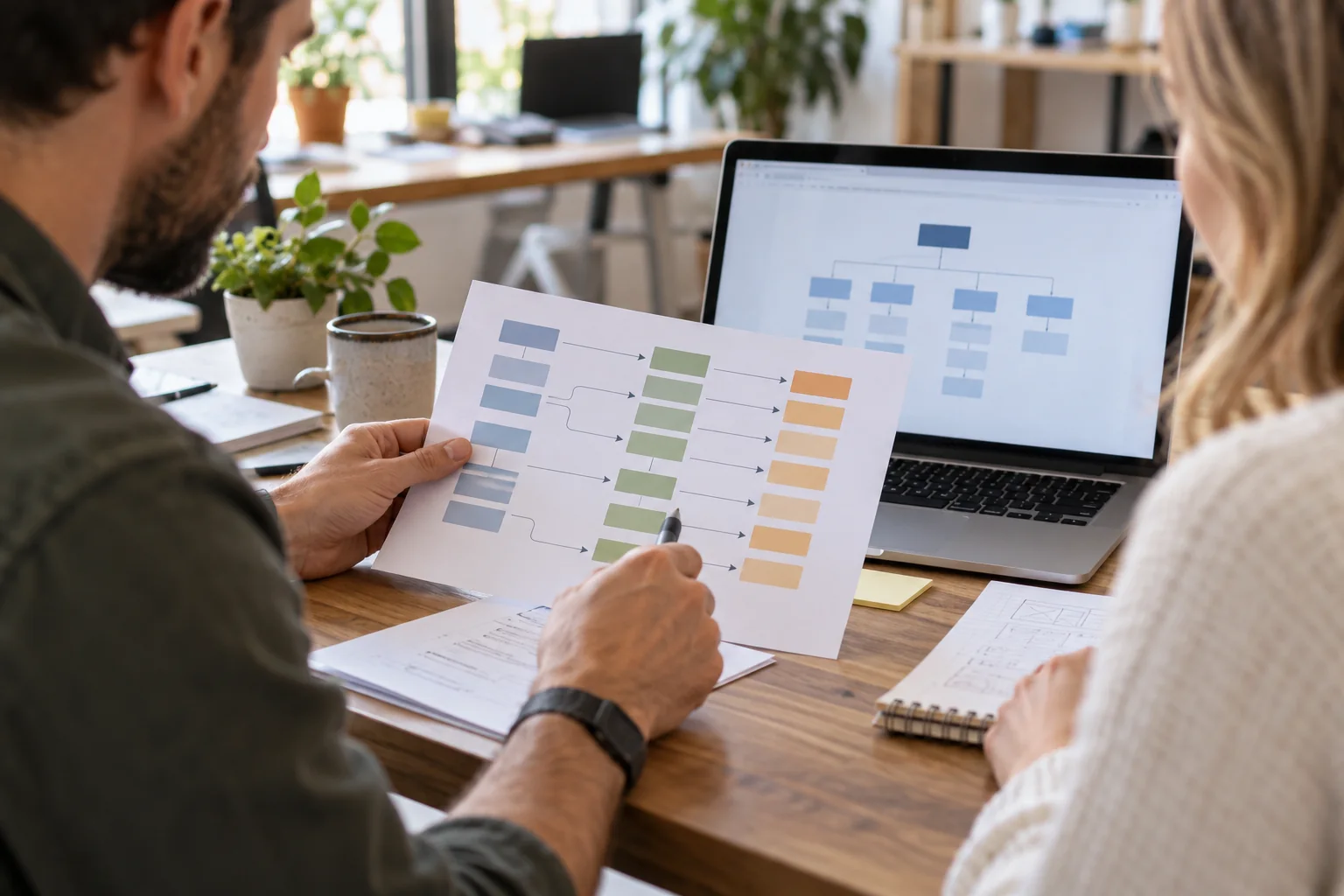 Printed content map being reviewed before a website migration